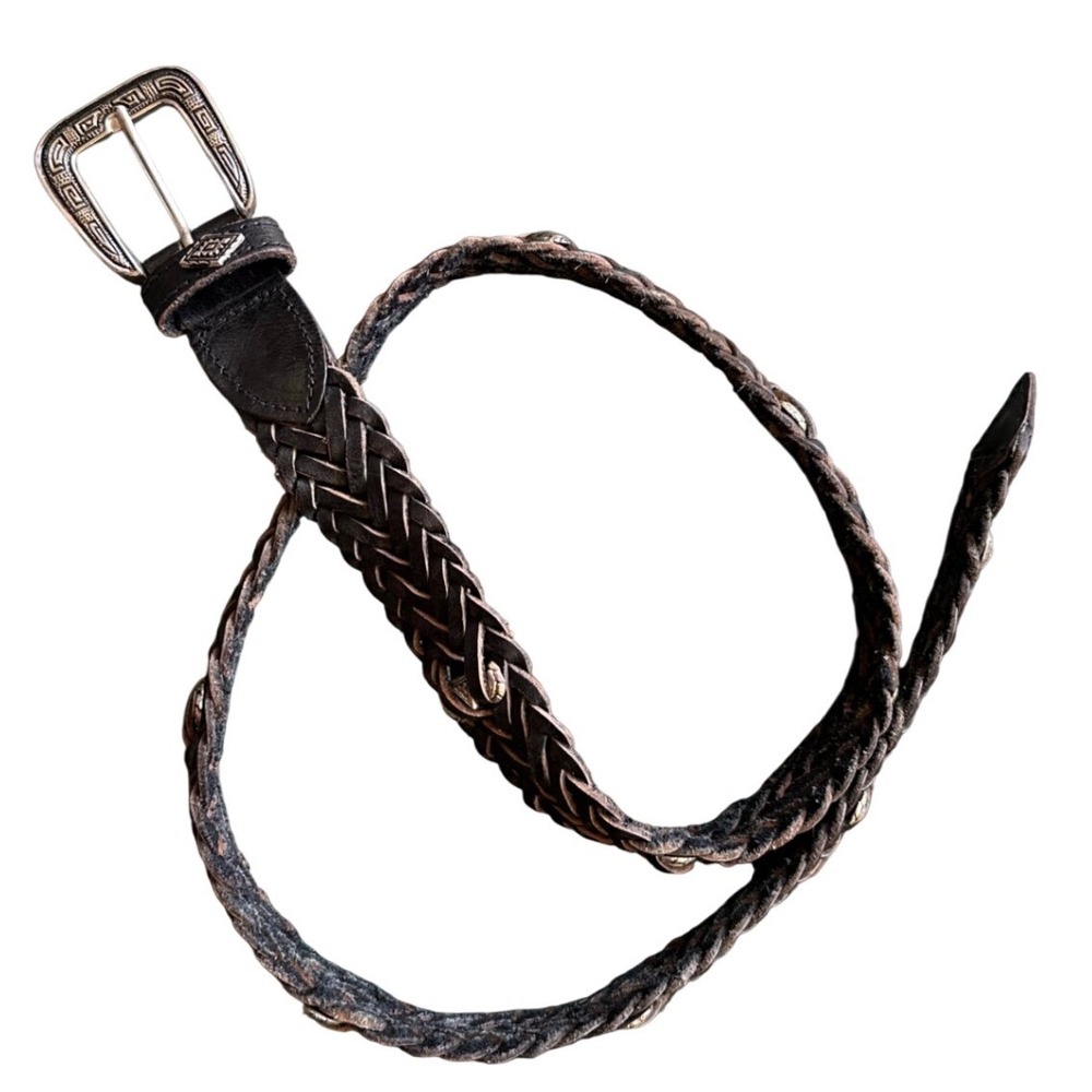 Vintage Braided Leather Belt Western Engraved Silver Buckle‎ Boho Southwestern